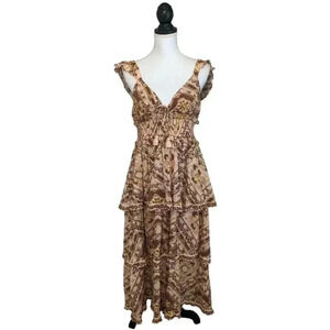 Cleobella Stella Rust Brown Geometric Print Midi Dress Medium Ruffle Tiered